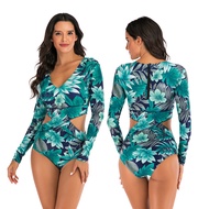 Long Sleeve Swimwear Women Print Zipper Rashguard One Piece Swimsuit  Surfing Dive Bodysuit Beachwear Spa Batingsuit