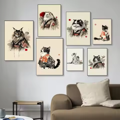 Minimalist Japanese Zen Sleeping Black Cat Kimono Yugen Canvas Print Wall Art Seijaku Meditation Pos
