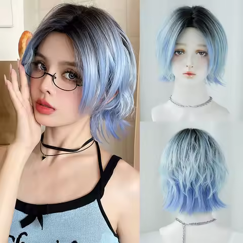 7JHH WIGS Short Water Wave Ombre Blue Wig for Women Synthetic Modest Fashion Middle Part Wear and Go