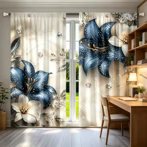 2D flat. 2pc luxury jewelry lily curtain set, holiday decoration, high-quality room decoration, curt