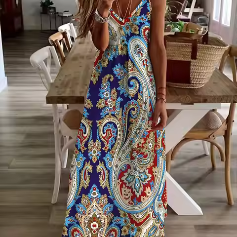 Women's Casual Fashion Loose V Neck Spaghetti Straps Long Dress Fresh Flower Print Maxi Dress Summer