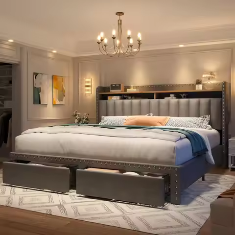 Queen Bed Frame with Headboard and Storage, Upholstered Queen Bed Frame with Storage, Grey Queen Siz