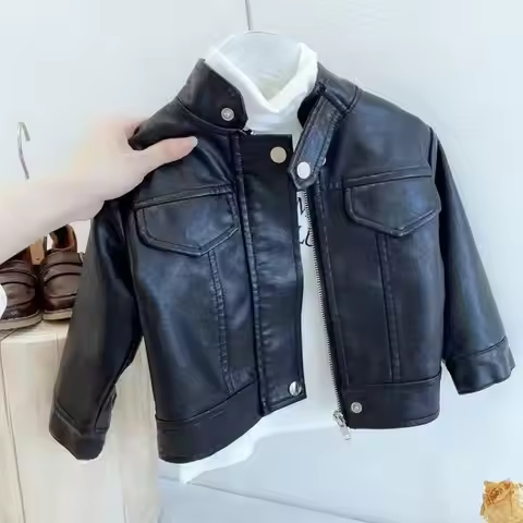 Children's Spring Autumn Korean Leather jacket Girl's lstand-up collar PU leather jacket Boy's short