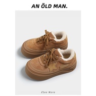 An Old Man รองเท้าสเก็ตบอร์ดลายดาวสไตล์วินเทจสำหรับผู้หญิงรองเท้าลำลองหัวใหญ่พื้นหนาบุขนกันหนาวใส่ช่วงฤดูใบไม้ร่วงและฤดูหนาวสำหรับผู้หญิง