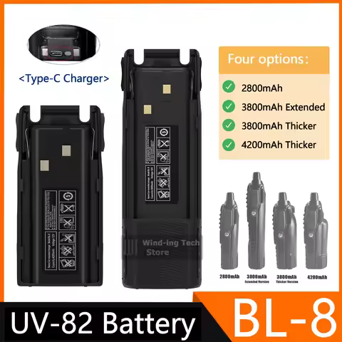 Baofeng UV-82 Li-ion Battery Type-C Replacement Extended Thicker 2800/3800/4200mAh BL-8 for UV-82HP 