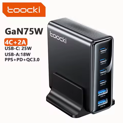 Toocki 75W GaN Desktop Charger 6-in-1 PD3.0 PPS SFC 25W Fast Charging USB C Charger Station for iPho