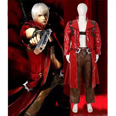 Devil Cos May Cry 3 Cosplay Costumes Dante Men's Game Uniforms Wig Red Long Poncho Jacket Set Hallow