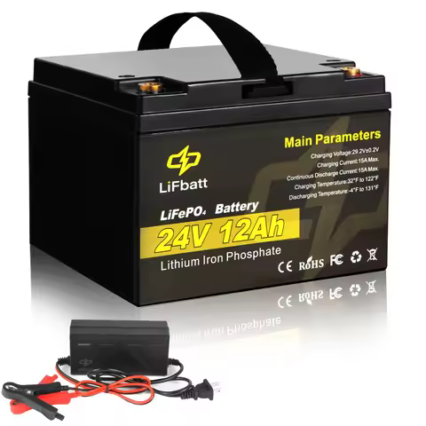 24V 12Ah 6Ah LiFePO4 Lithium Battery Built-in 15A BMS, with 29.2V 5A Charger and Copper wire lugs an