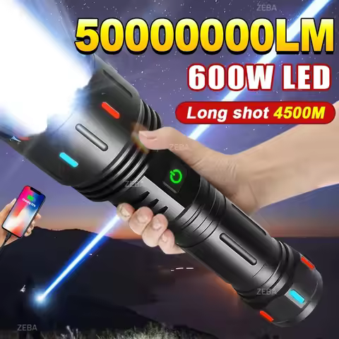 Ultra Powerful 600W LED Flashlight Super Bright Rechargeble Flashlight Long Range 4500M Tactical Tor