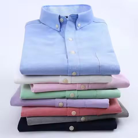 Thin Oxford woven men's long sleeve shirt business slim solid color striped plaid casual ironing shi