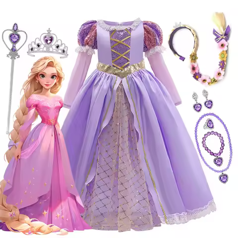 Kids Rapunzel Disney Dress for Princess Girl Tangled Cosplay Costume Halloween Christmas Carnival Bi