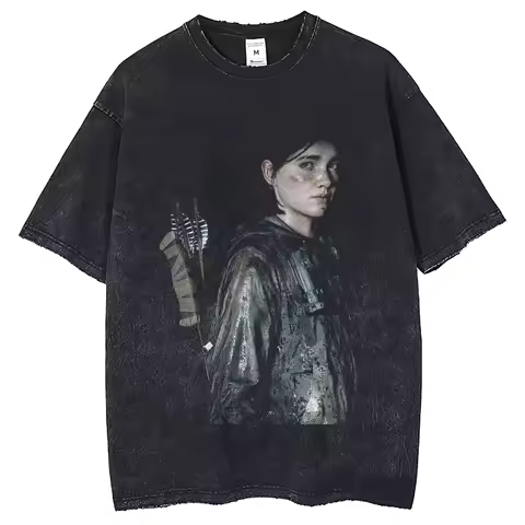 2024 Men's The Last of UsT T-shirt Harajuku Wash Vintage Ellie Portrait DTG Printed T-shirt 250G Cot