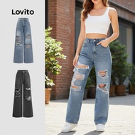 Lovito Women's Casual Plain Ripped Denim Pants L105MD065