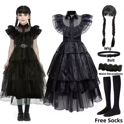 The Addams Family Cosplay Costume - 3-Piece Set with Wig, Socks & Belt, Halloween Birthday Party Rol