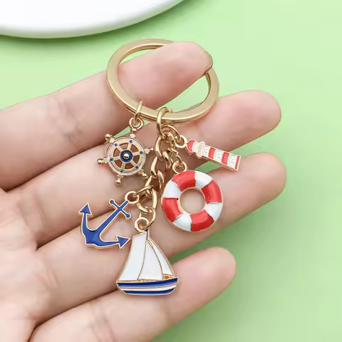 Creative Enamel Sail Lighthouse Charms Keychain Anchor Lifebuoy Pendants Keyrings Bag Ornaments Car 