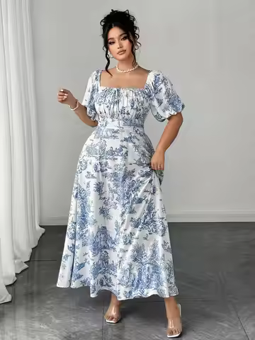 Plus Size Women's Summer Fitted Dress, Ditsy Floral Pattern, Casual Style, Moderate Fabric Thickness