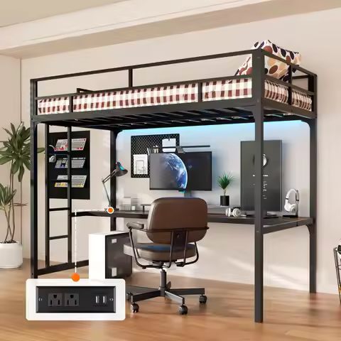 Twin Loft Bed Desk Metal Frame LED Charging Guardrail Ladder Space-Saving Noise-Free No Box Spring, 