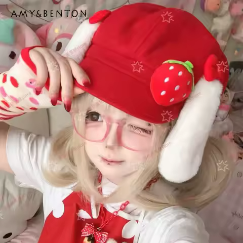 Original Sweet Girl Octagonal Hat Rabbit Ears Strawberry Red Newsboy Caps Cute Subculture Japanese S