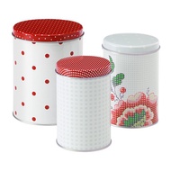 Ikea  INBJUDANDE Tin with lid, set of 3, dotted, flower squared pattern