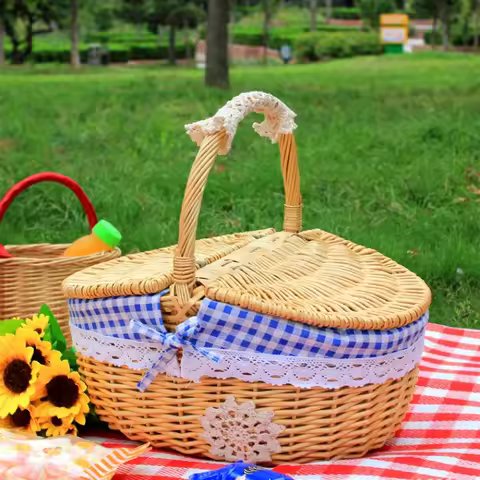 Handmade Wicker Picnic Basket with Handle Picnic Willow Woven Storage Hamper outdoor Camping Picnic 