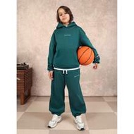 SUMWON Teal Chicago Text Pullover Hoodie และกางเกงวอร์มเข้าชุด Co-Ord Set พร้อมกระเป๋ากลาง เอวยางยืด