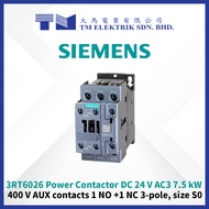 SIEMENS 3RT6026 Power Contactor DC 24 V AC3 7.5 kW 400 V AUX contacts 1 NO +1 NC 3-pole, size S0