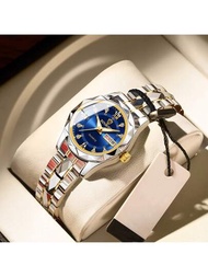 1入女士手錶，3D玻璃，豪華金色錶殼，高雅藍色錶盤，金色和銀色不鏽鋼錶帶，配蝴蝶扣，日曆和雙顯示，防水石英手錶，女性禮品假期