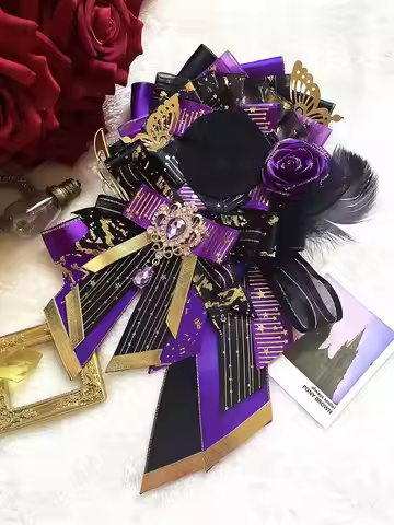luxury purple badge holder，ita bag ribbon decoration，Appreciation Rosette，long streamers Badge Roset