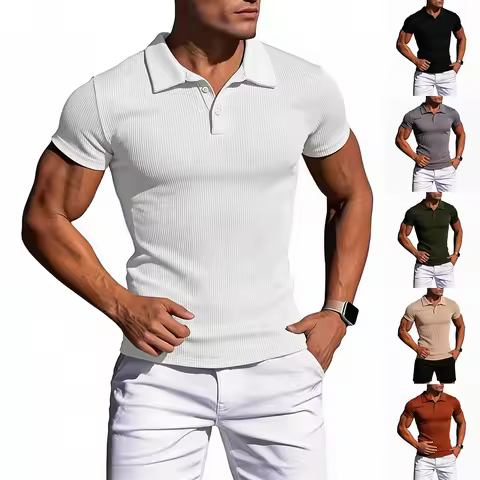 Summer Men's Slim Fit Polo Shirts Short Sleeve Stretch T-Shirts Retro Lapel Striped Knitwear Casual 