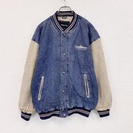 二手 2000 年代 North Bay 牛仔運動夾克，復古款，靛藍色和米色，帶襯墊，M 碼。