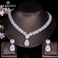 SEQUITO Dubai Luxury Jewellery Sets Women Wedding 18K White Gold Plated AAA+ CZ Long Water Drop Neck