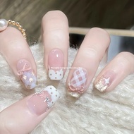 Nhựa Móng Tay Ngắn Kiểu Pháp Ballet Cat Eye Butterfly Knot Pure Desire White Handmade Wearing False