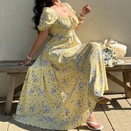 Plus Size Women Square Neck Slit Dress,Yellow,Summer,Boho,Tea Party,Holiday Vacation Style Vintage Y