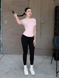 Bộ đồ tập gym yoga Fitme áo thun vạt bầu Hồng Pastel quần dài legging Đen tôn dáng
