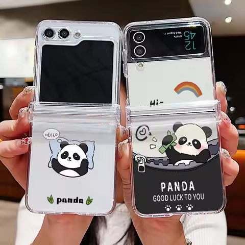 Cartoon Panda Clear Phone Case For Samsung Galaxy Z Flip 8 7 FE 5 6 4 3 Shockproof Folding Hard Cove