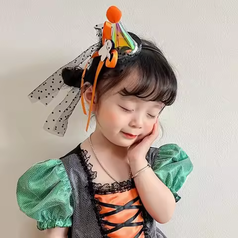 Halloween Witch Hat Headband for Kids Polka Dot Veil Cute Ghost Orange Ribbon Design Cosplay Party C