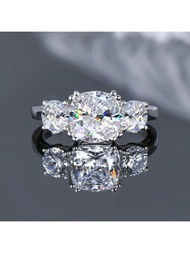 1入全氧化鋯三石女士訂婚戒指，百分百925純銀8x8mm坐墊形和5mm圓形D色真正氧化鋯結婚紀念戒指珠寶禮物，附GRA證書婚禮珠寶鑲嵌鑽石