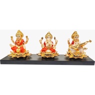 Pearl White Kamal Ganesha Lakshmi Saraswathi with base - 24kt GOLD PLATED IDOL - Size 9cm x 25cm