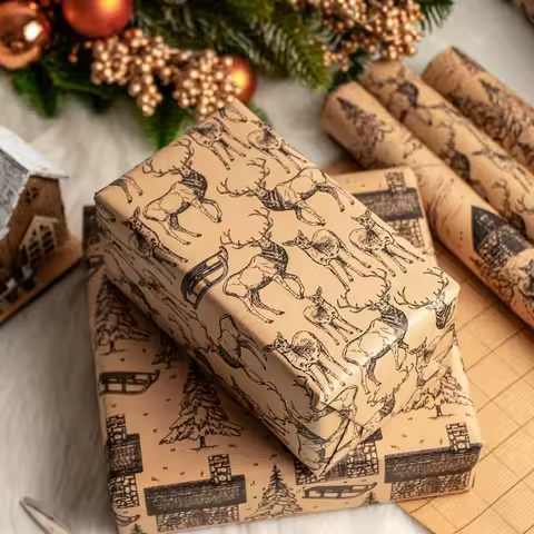 1 Roll of Christmas Kraft Wrapping Paper | The Pattern Features Christmas Trees, Deer, Cabins, and S