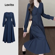 Lovito Casual Dress Pleated Relaxation Spring/summer Navy Blue Dress for Women L151AD109