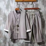Large Size Fat Men's Chinese Style Hanfu Men's Cotton Linen Three-Quarter Sleeve Summer Loose Linen 
