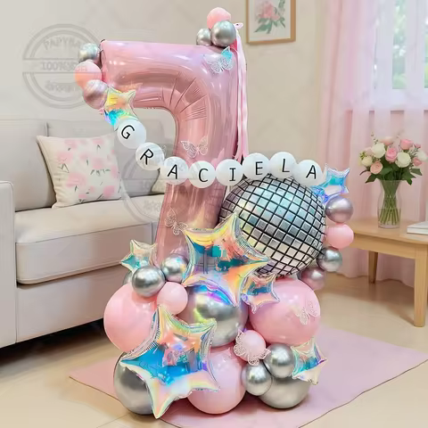53pcs Disco Cream Pink Number Balloon Column 1-9th Adult Kids Birthday Baby Shower Toys Gifts Helium