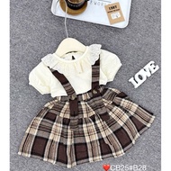 Set bộ bé gái B28 Set áo cổ bèo thêu váy yếm kẻ caro cho bé gái