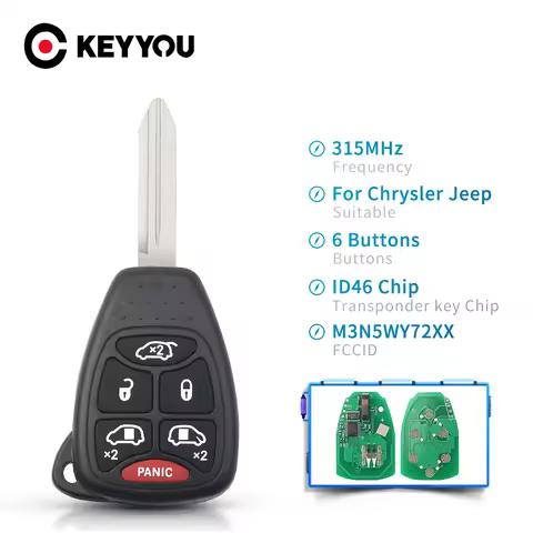 KEYYOU For Dodge Grand Caravan Chrysler 300 Town & Country 5+1 6 Buttons Keyless Remote Key Fob ID46