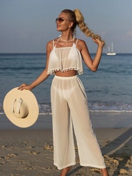 Top halter y pantalones de pierna ancha con borlas decorativas transparentes y pareo para mujer para vacaciones en la playa