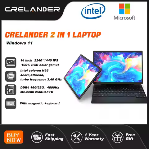 CRELANDER 2 in 1 Laptop Intel N95 14 Inch 2K Touch Screen DDR4 16GB Windows 11 Magnetic Keyboard Tab