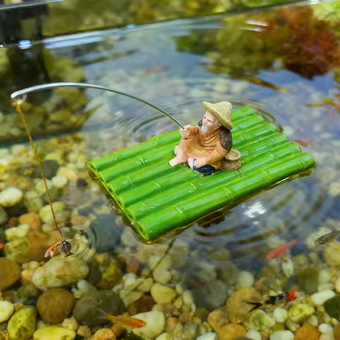 Floating Bamboo Raft Fishing Ornament Feeding Platform For Miniature Landscape Decoration Garden Sta