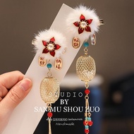Hot Sale#蛇年汉服发饰发夹儿童长流苏古风配饰红色灯笼毛绒绒花朵小女孩5ya 2XOR
