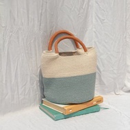 Two Tone (greyish blue & cream) Dark Orange Strap ,Bucket hand bags