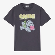 (Express Delivery) Ganni Black T-shirt Dog Pattern Puppy